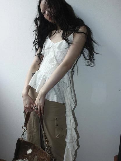 Distressed Asymmetrical Hem V-Neck Tank Top with Ruffle Straps