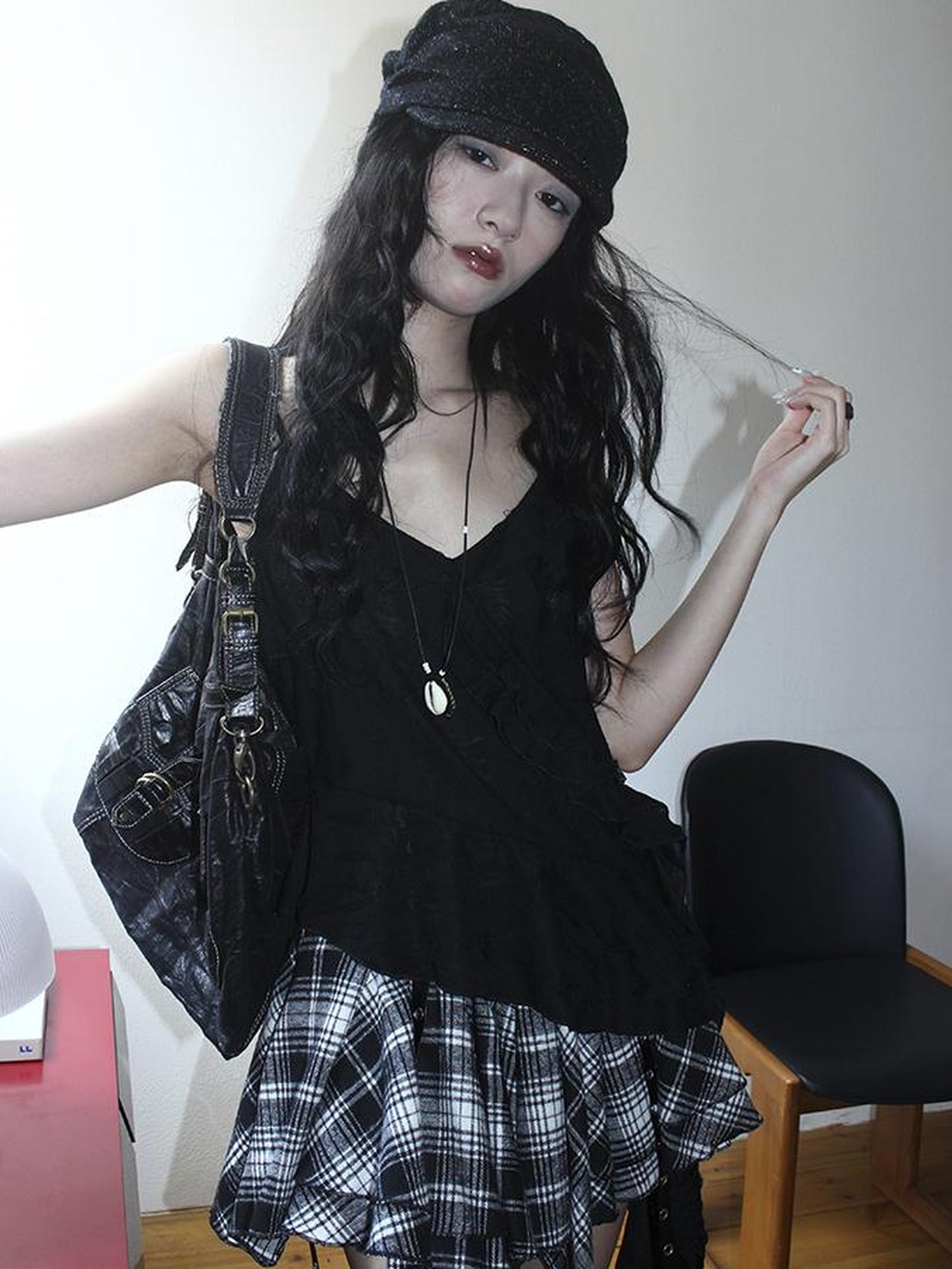 Updateang project Distressed Asymmetrical Hem V-Neck Tank Top with Ruffle Straps