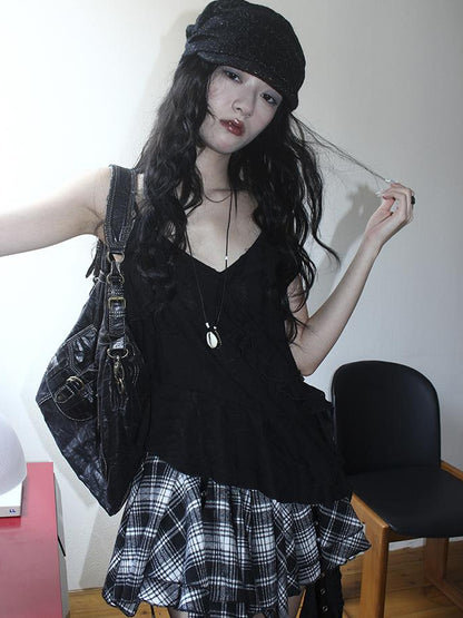 Updateang project Distressed Asymmetrical Hem V-Neck Tank Top with Ruffle Straps