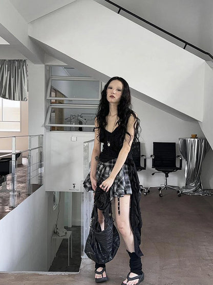 Distressed Asymmetrical Hem V-Neck Tank Top with Ruffle Straps