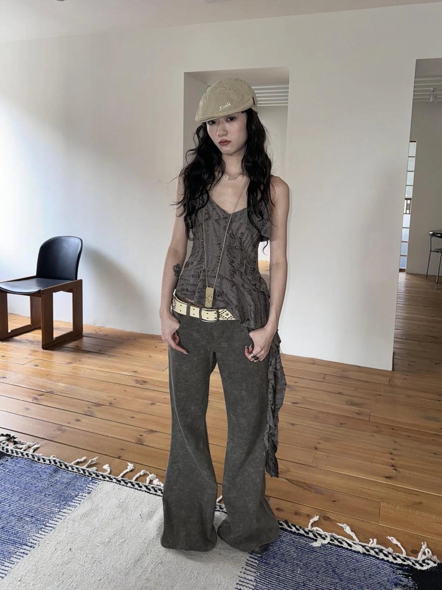 Distressed Asymmetrical Hem V-Neck Tank Top with Ruffle Straps