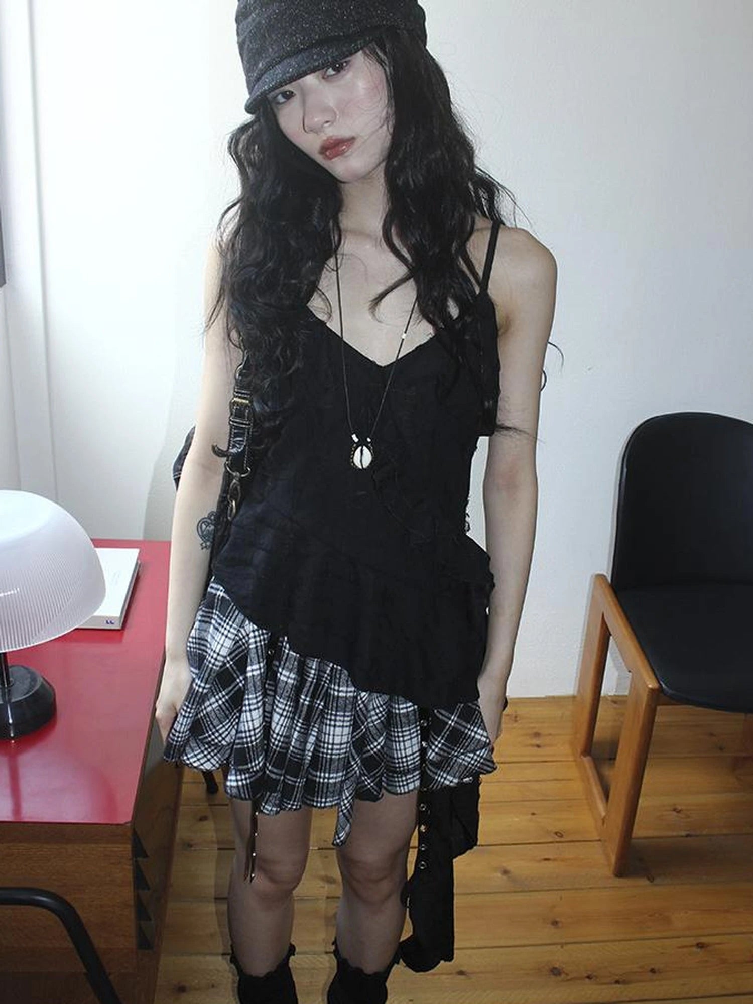 Distressed Asymmetrical Hem V-Neck Tank Top with Ruffle Straps