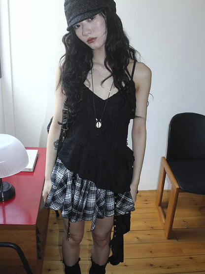 Distressed Asymmetrical Hem V-Neck Tank Top with Ruffle Straps