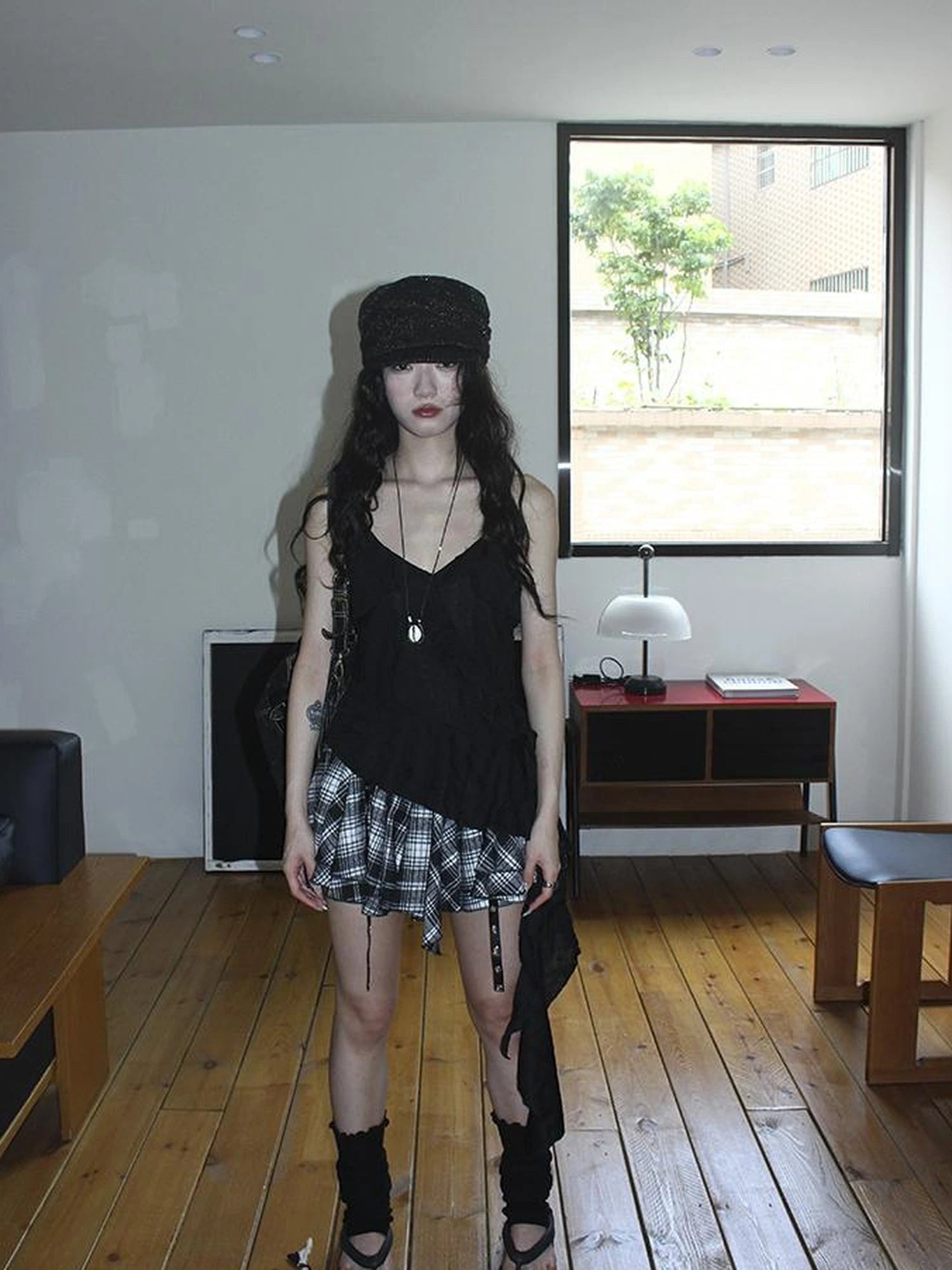 Distressed Asymmetrical Hem V-Neck Tank Top with Ruffle Straps