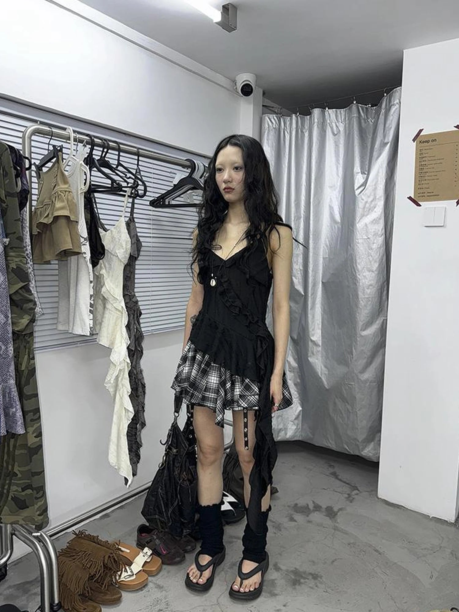 Distressed Asymmetrical Hem V-Neck Tank Top with Ruffle Straps