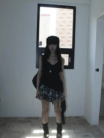 Distressed Asymmetrical Hem V-Neck Tank Top with Ruffle Straps