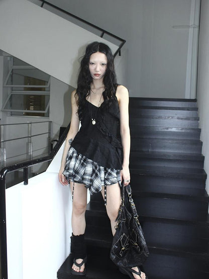 Updateang project Distressed Asymmetrical Hem V-Neck Tank Top with Ruffle Straps