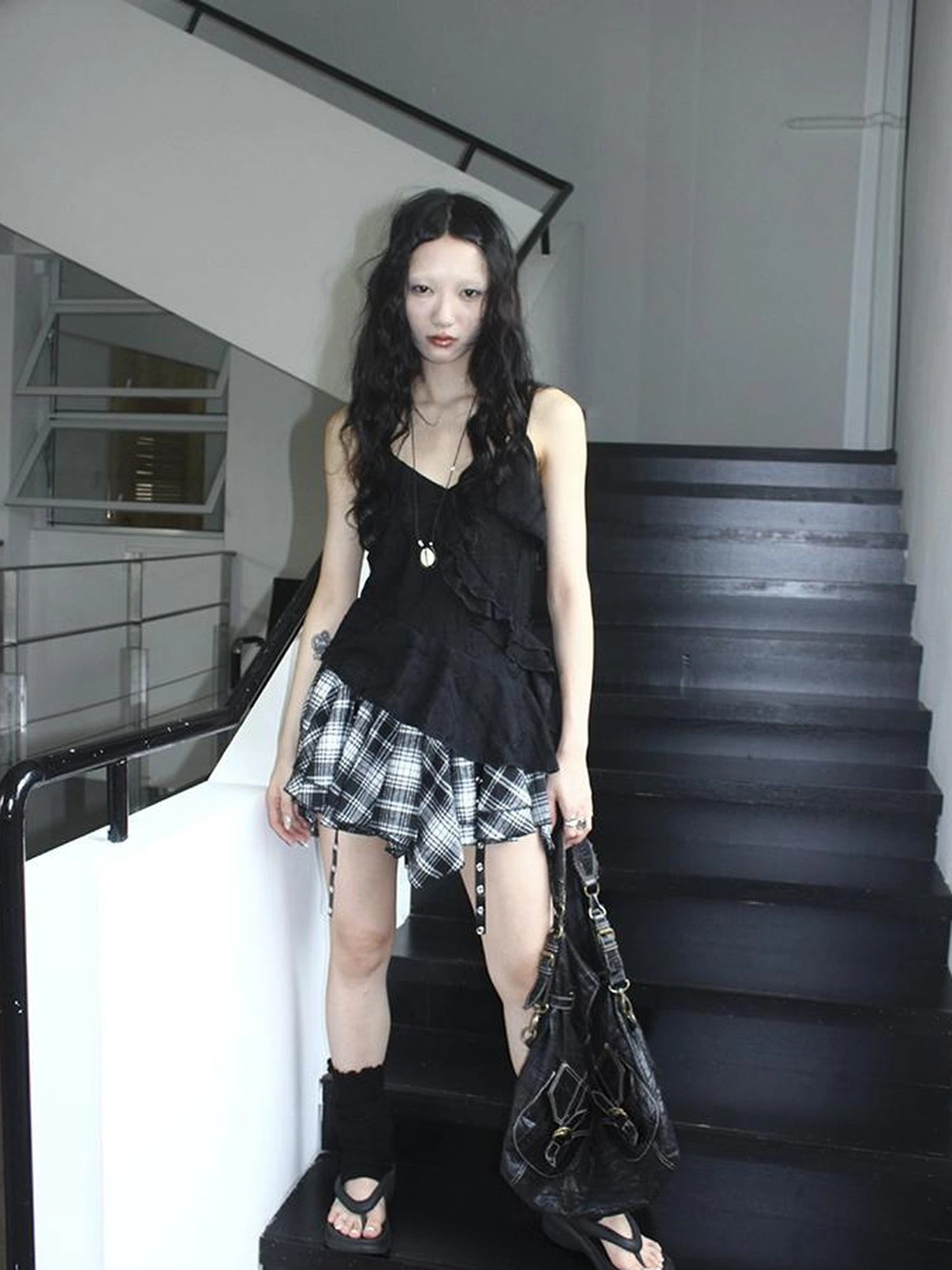 Distressed Asymmetrical Hem V-Neck Tank Top with Ruffle Straps