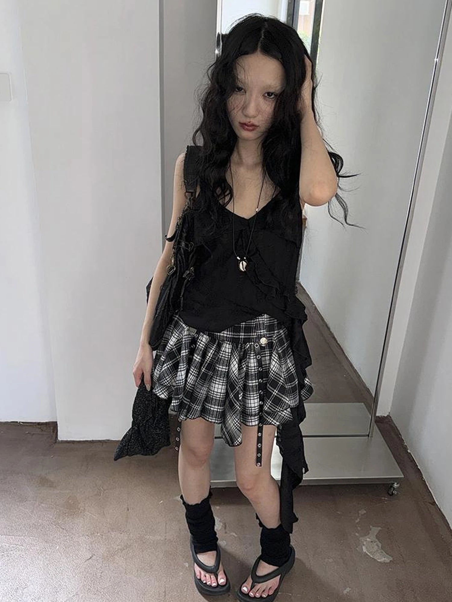 Distressed Asymmetrical Hem V-Neck Tank Top with Ruffle Straps