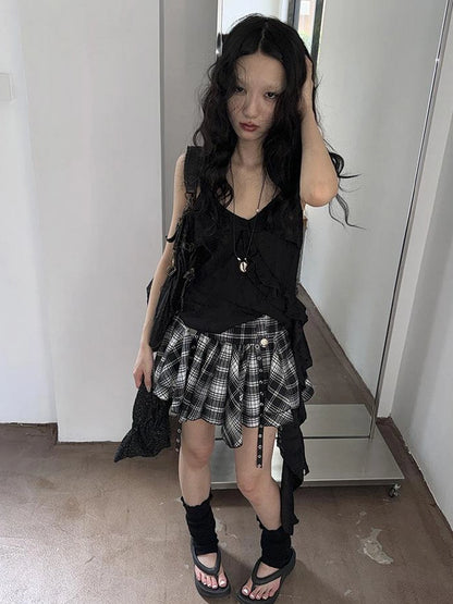 Distressed Asymmetrical Hem V-Neck Tank Top with Ruffle Straps