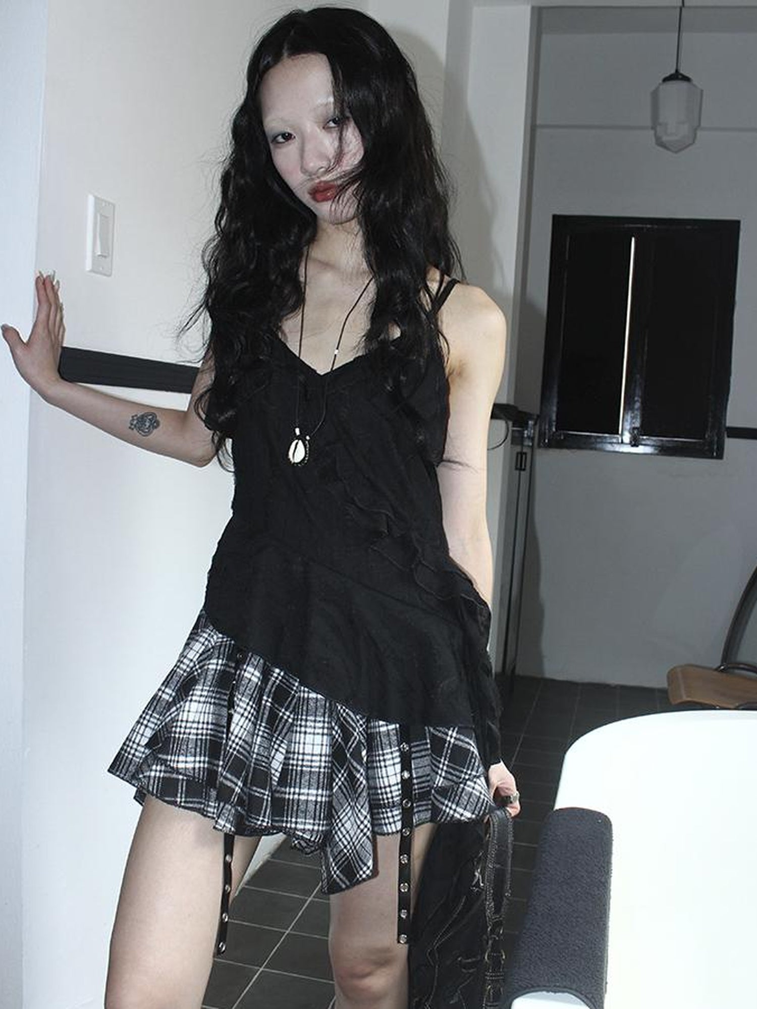 Updateang project Distressed Asymmetrical Hem V-Neck Tank Top with Ruffle Straps