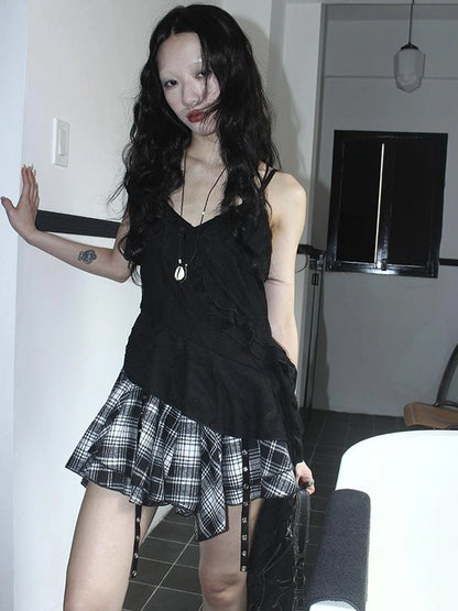 Distressed Asymmetrical Hem V-Neck Tank Top with Ruffle Straps