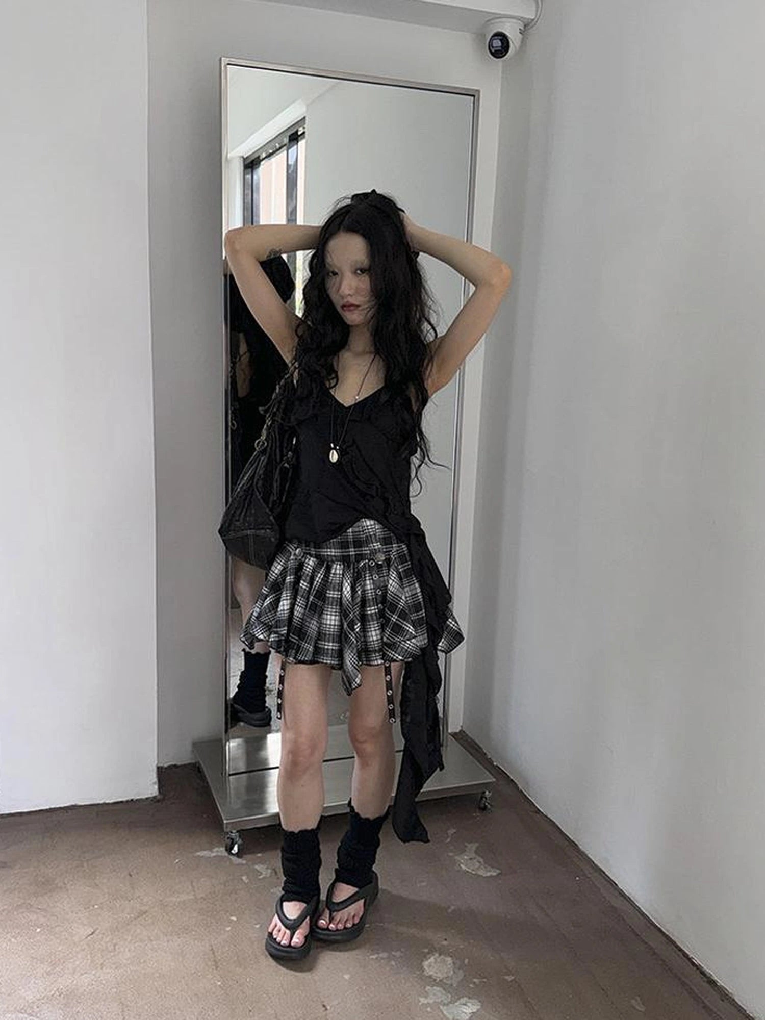 Distressed Asymmetrical Hem V-Neck Tank Top with Ruffle Straps