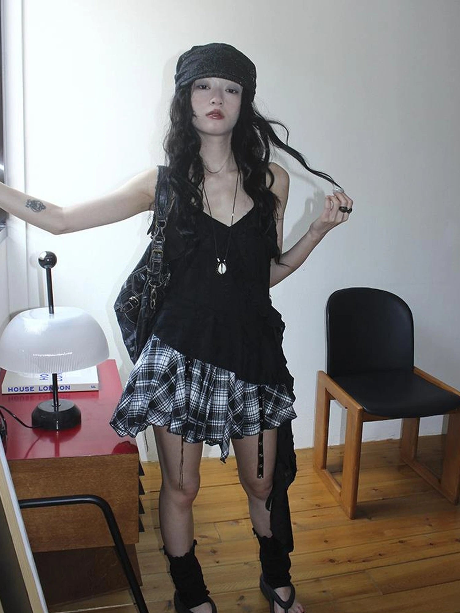 Distressed Asymmetrical Hem V-Neck Tank Top with Ruffle Straps