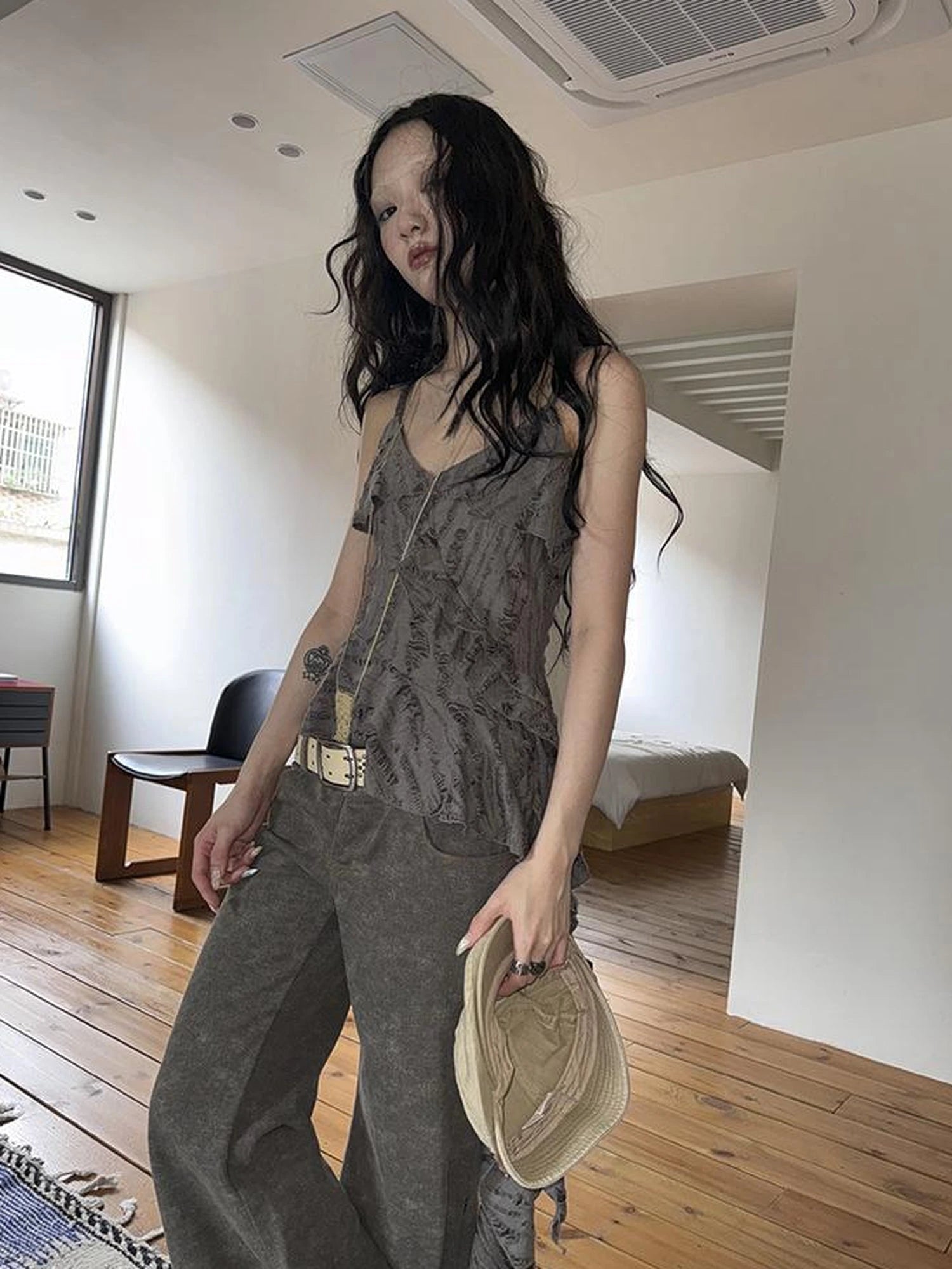 Distressed Asymmetrical Hem V-Neck Tank Top with Ruffle Straps