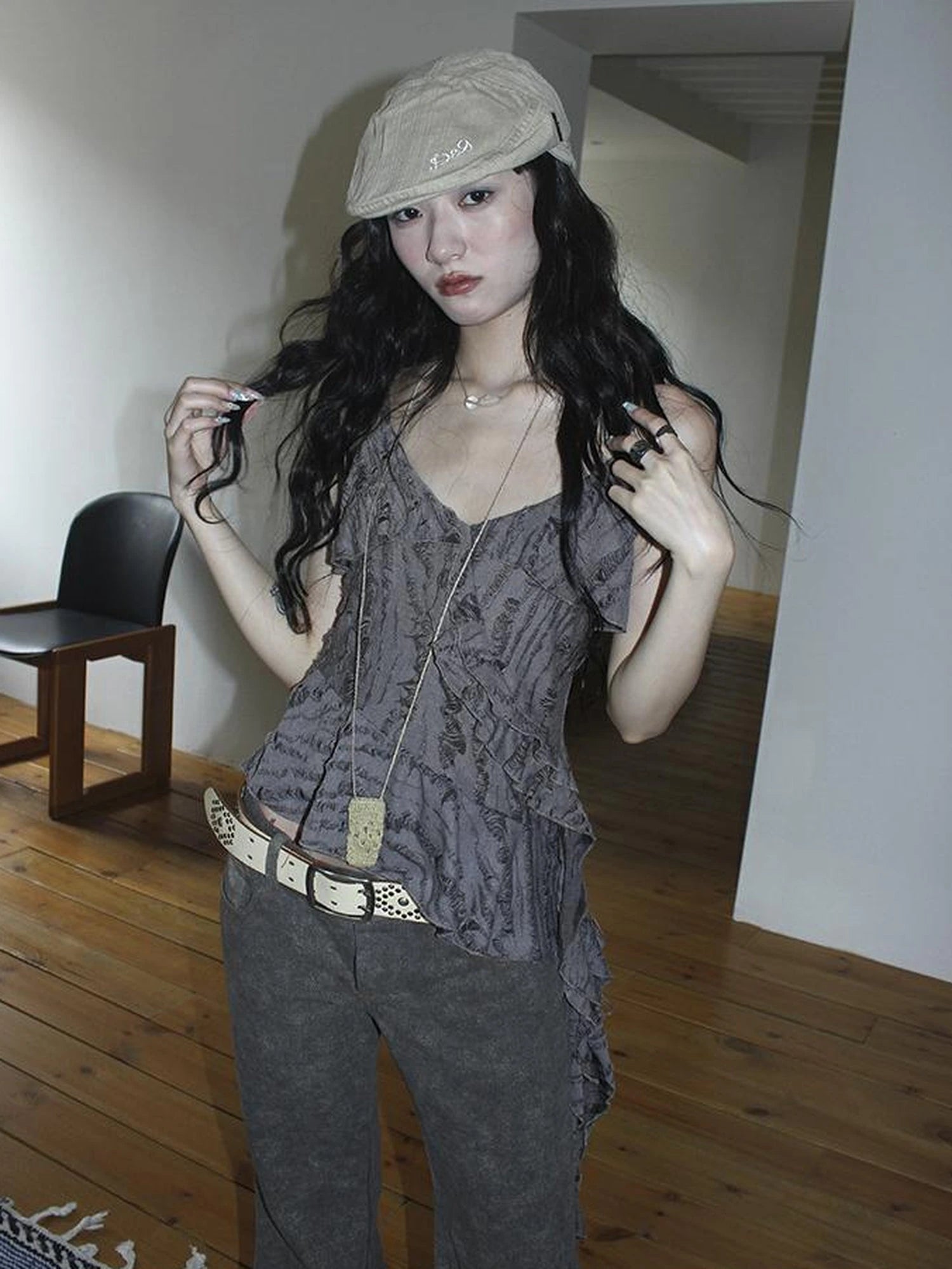 Distressed Asymmetrical Hem V-Neck Tank Top with Ruffle Straps