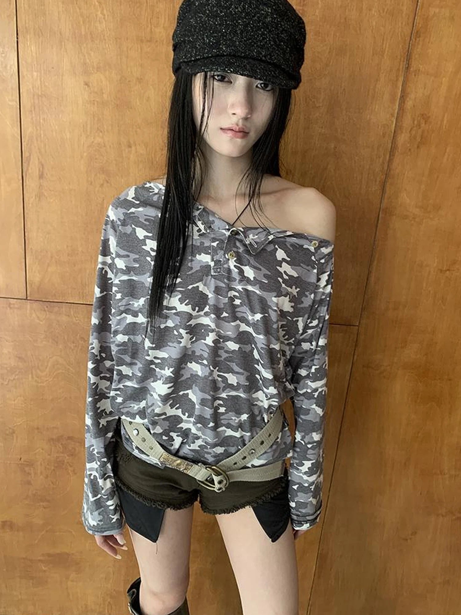 Distressed Camo Asymmetric Slit V Neck Long Sleeve T Shirt