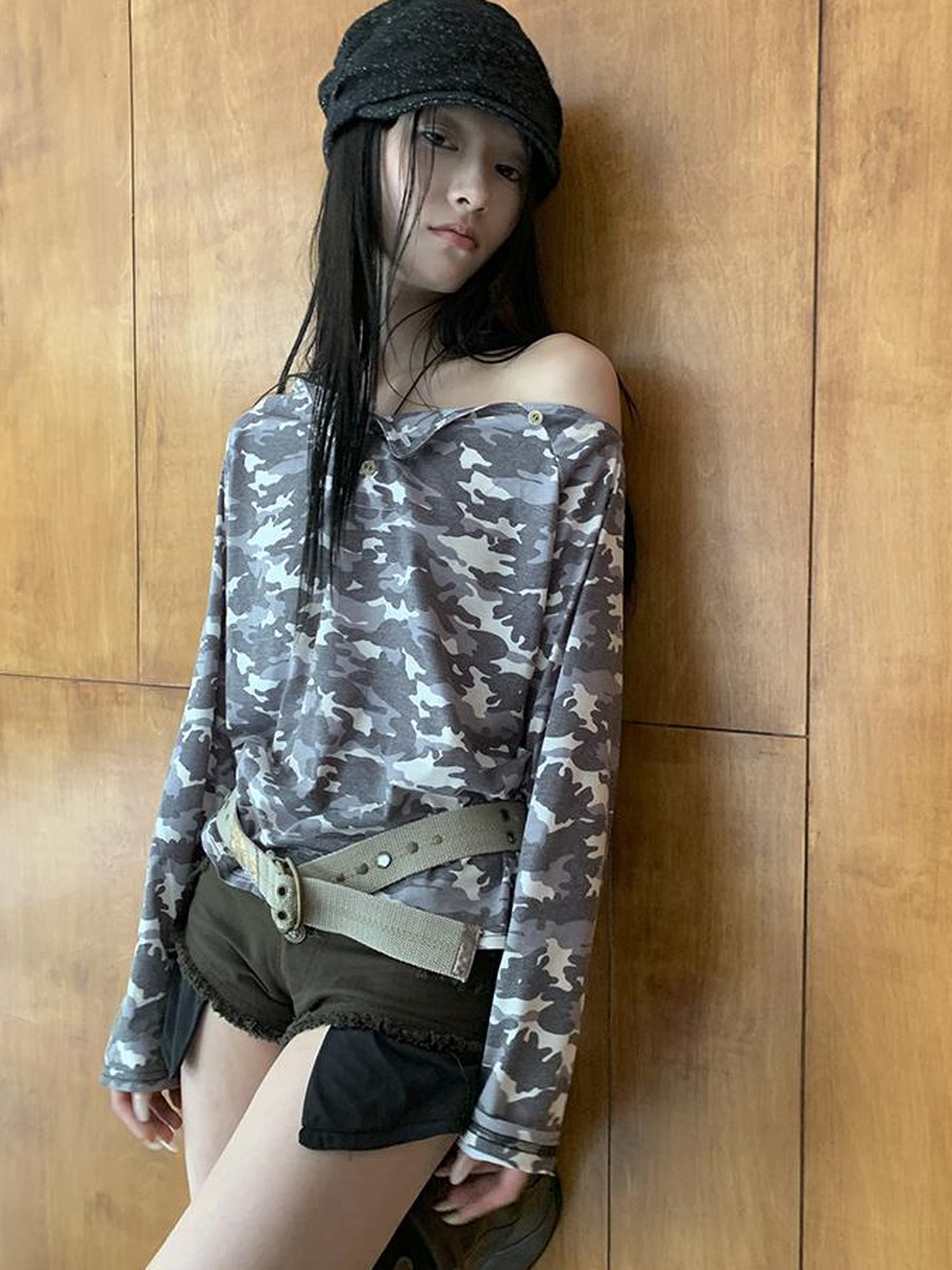 Updateang project Distressed Camo Asymmetric Slit V Neck Long Sleeve T Shirt