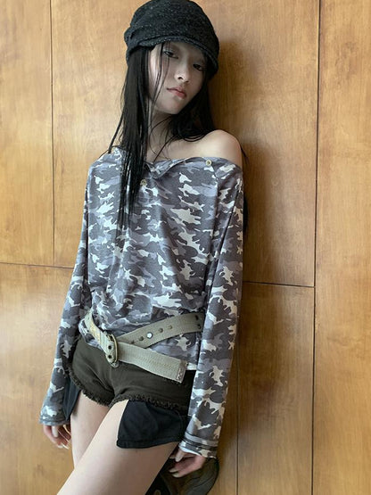 Updateang project Distressed Camo Asymmetric Slit V Neck Long Sleeve T Shirt