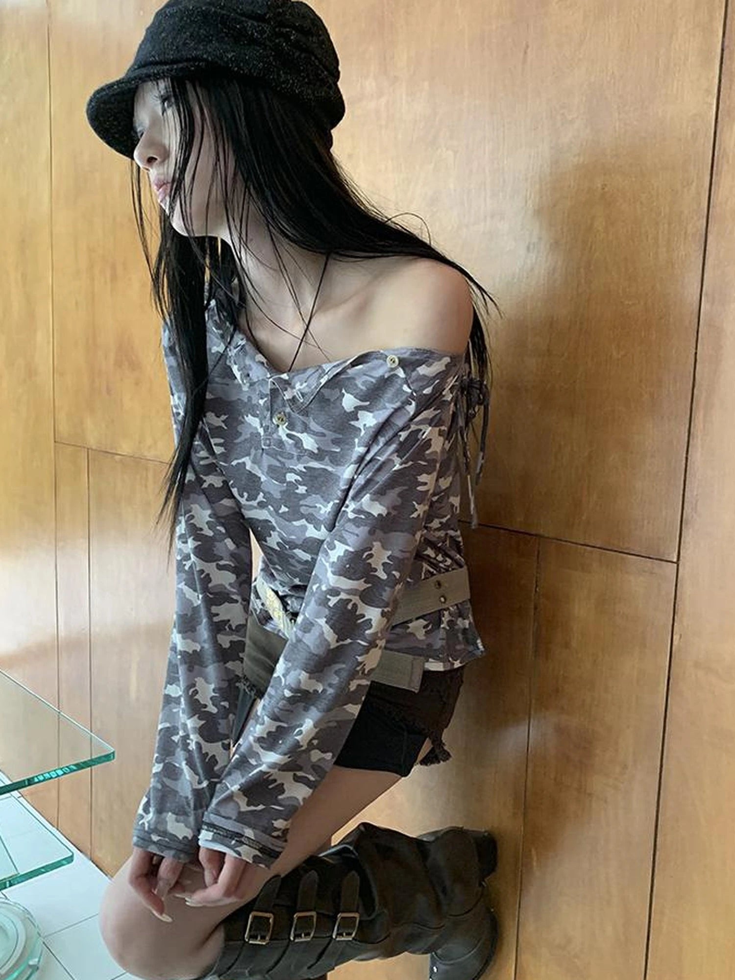 Distressed Camo Asymmetric Slit V Neck Long Sleeve T Shirt