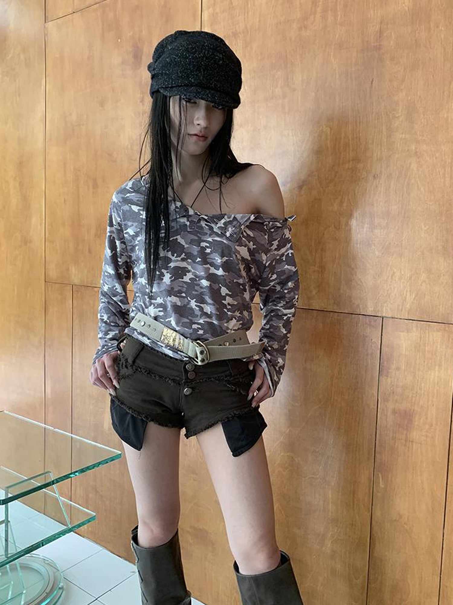 Updateang project Distressed Camo Asymmetric Slit V Neck Long Sleeve T Shirt