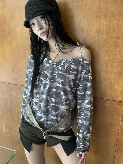 Updateang project Distressed Camo Asymmetric Slit V Neck Long Sleeve T Shirt