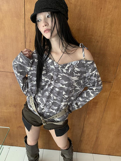Updateang project Distressed Camo Asymmetric Slit V Neck Long Sleeve T Shirt