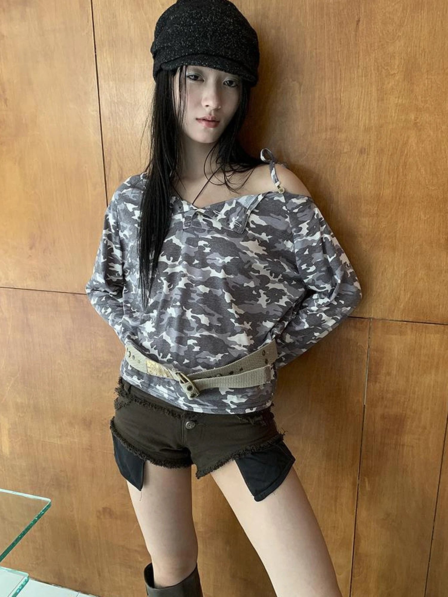 Distressed Camo Asymmetric Slit V Neck Long Sleeve T Shirt