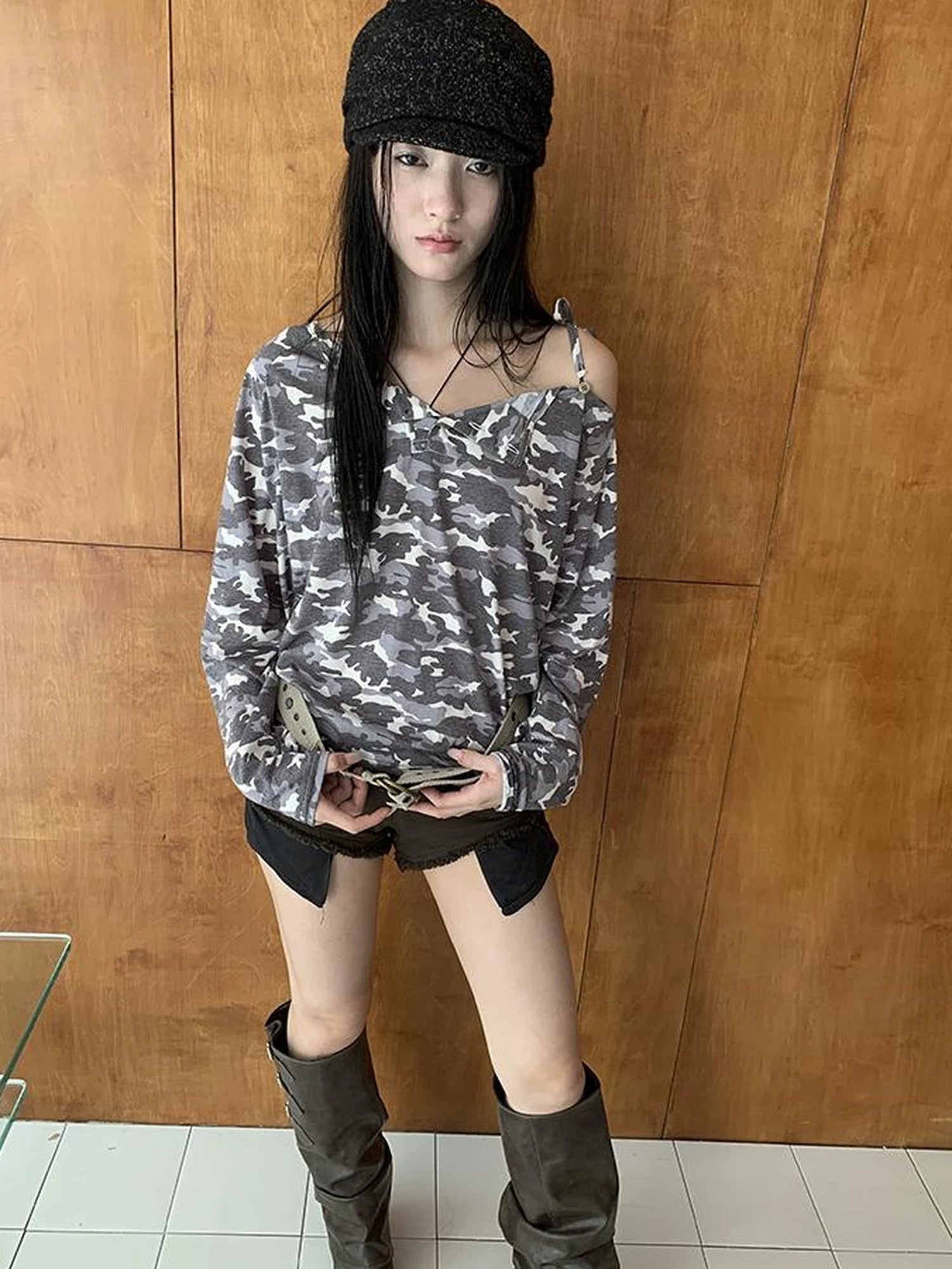 Distressed Camo Asymmetric Slit V Neck Long Sleeve T Shirt