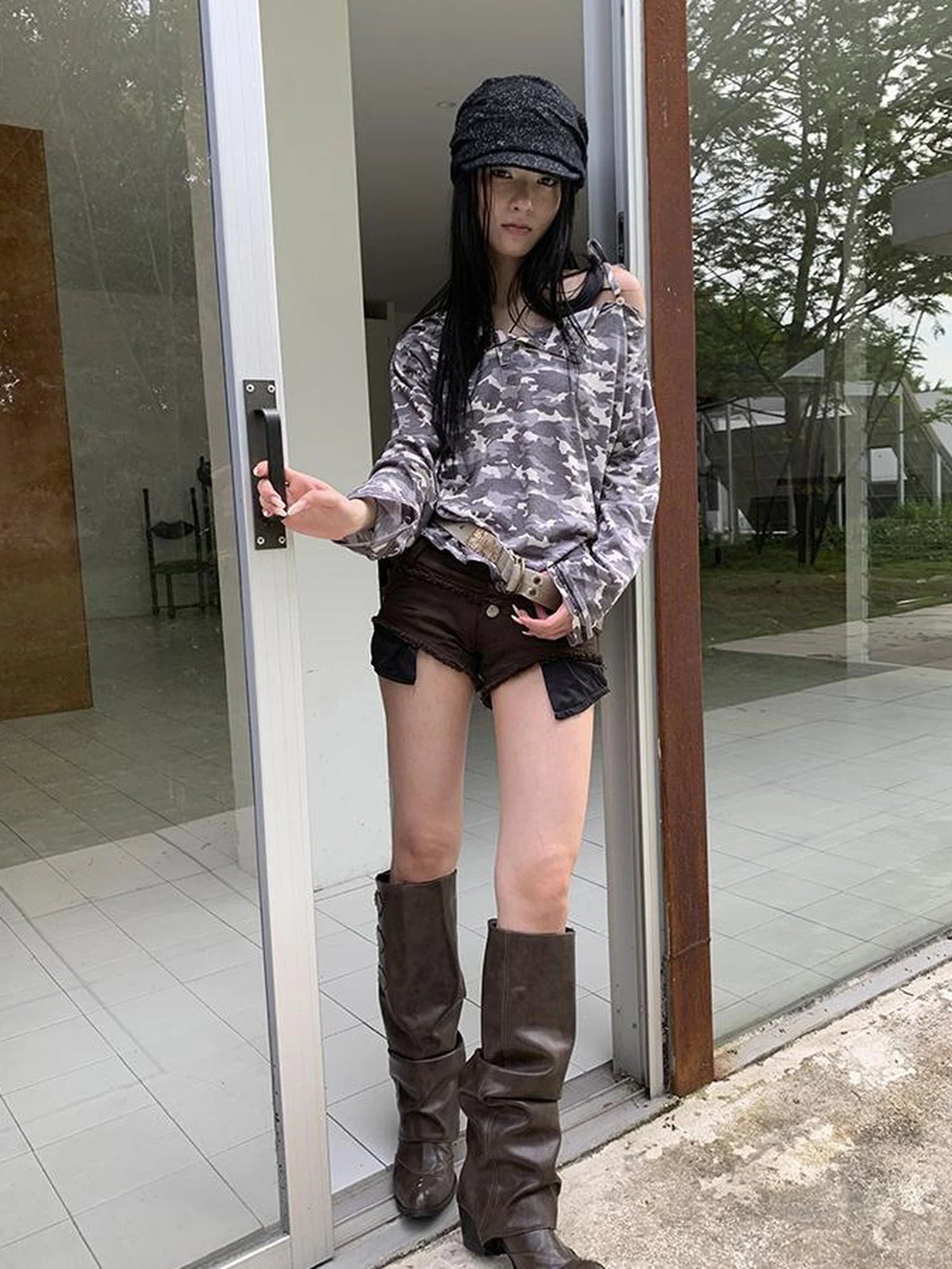 Distressed Camo Asymmetric Slit V Neck Long Sleeve T Shirt