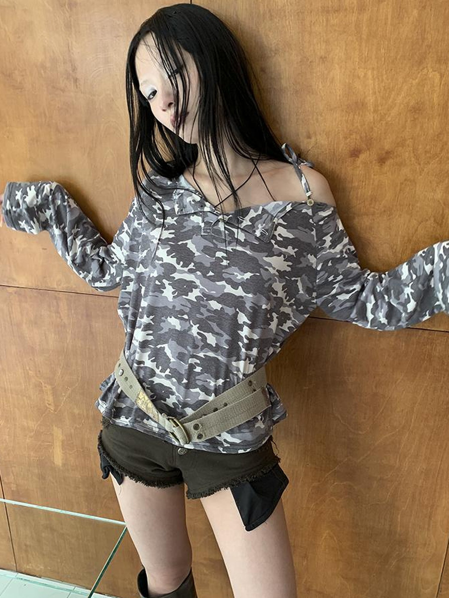 Updateang project Distressed Camo Asymmetric Slit V Neck Long Sleeve T Shirt