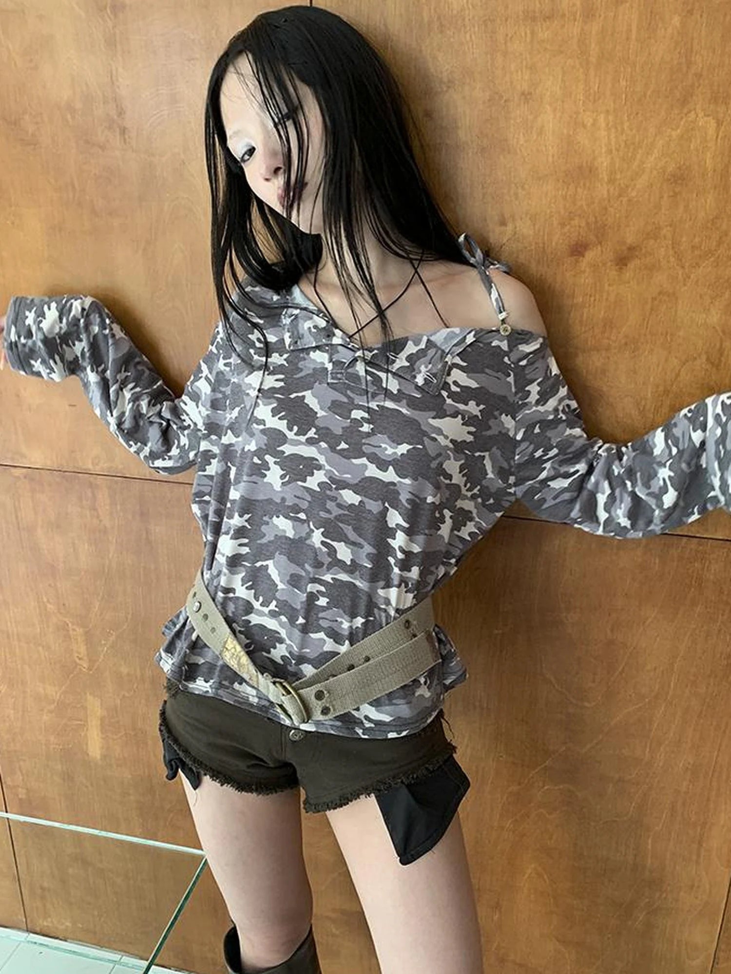 Distressed Camo Asymmetric Slit V Neck Long Sleeve T Shirt