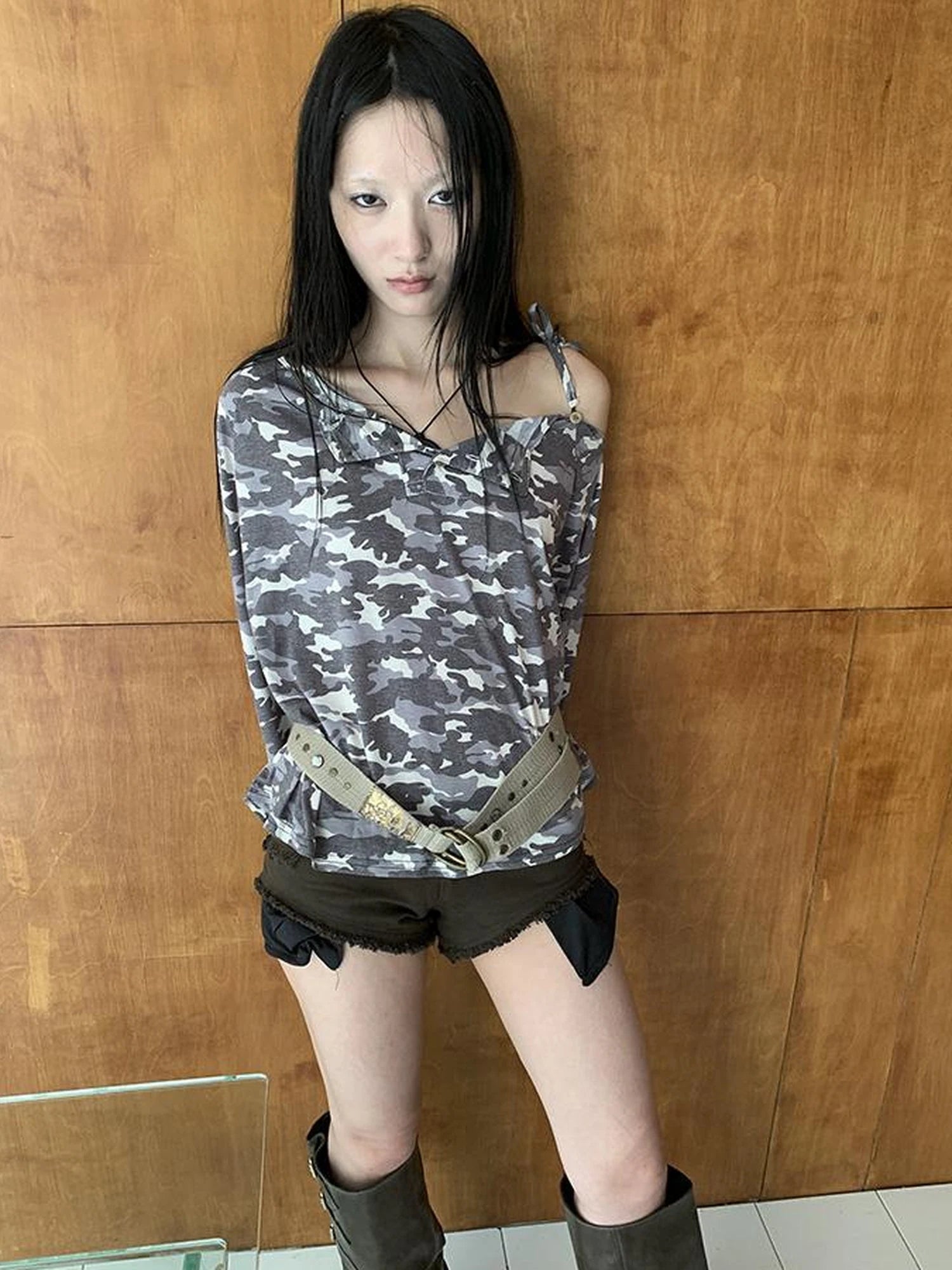 Distressed Camo Asymmetric Slit V Neck Long Sleeve T Shirt