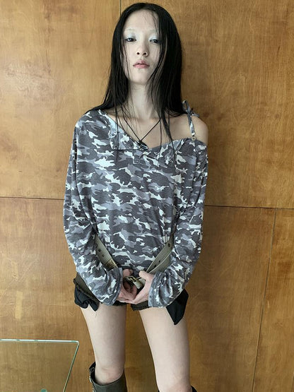 Updateang project Distressed Camo Asymmetric Slit V Neck Long Sleeve T Shirt