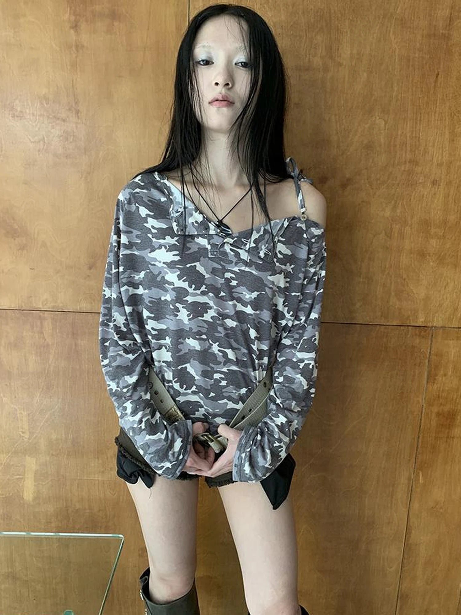 Distressed Camo Asymmetric Slit V Neck Long Sleeve T Shirt