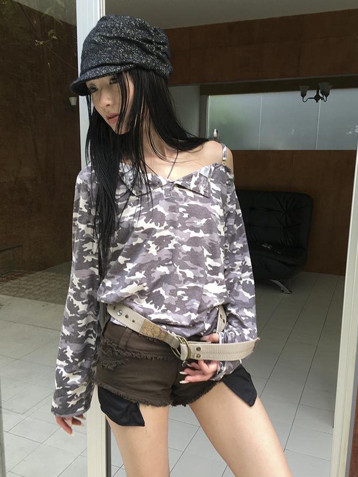 Updateang project Distressed Camo Asymmetric Slit V Neck Long Sleeve T Shirt