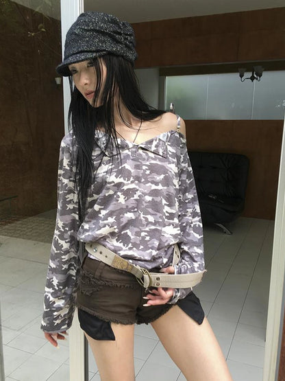 Distressed Camo Asymmetric Slit V Neck Long Sleeve T Shirt