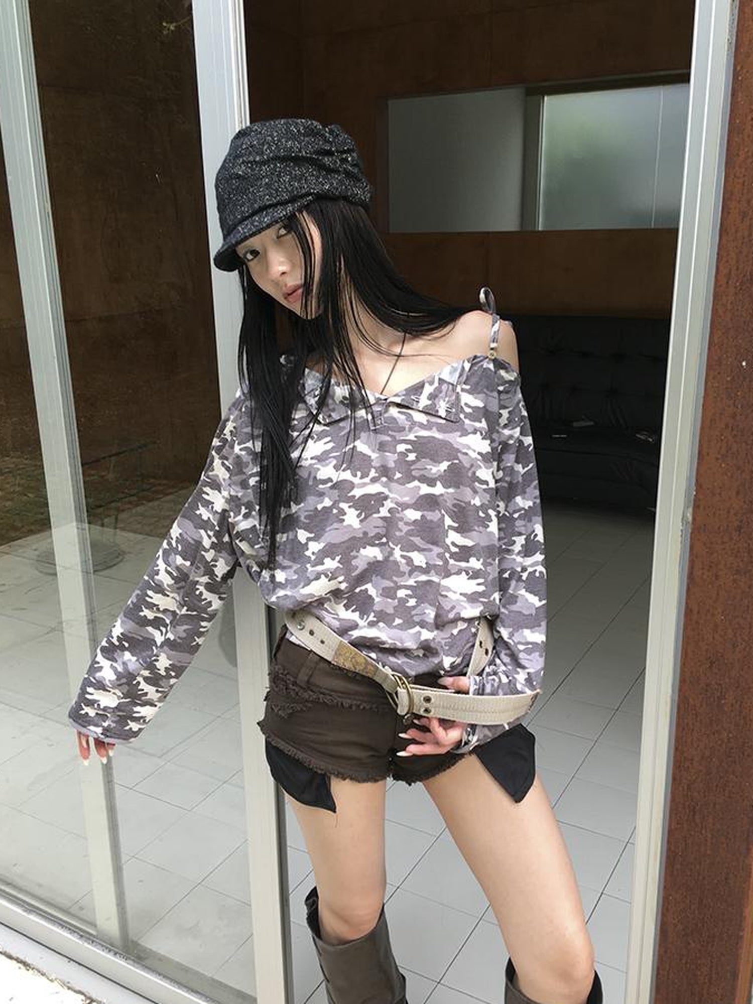 Updateang project Distressed Camo Asymmetric Slit V Neck Long Sleeve T Shirt