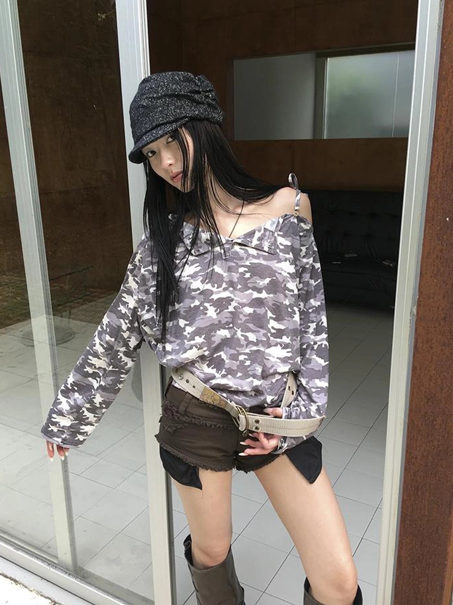 Distressed Camo Asymmetric Slit V Neck Long Sleeve T Shirt