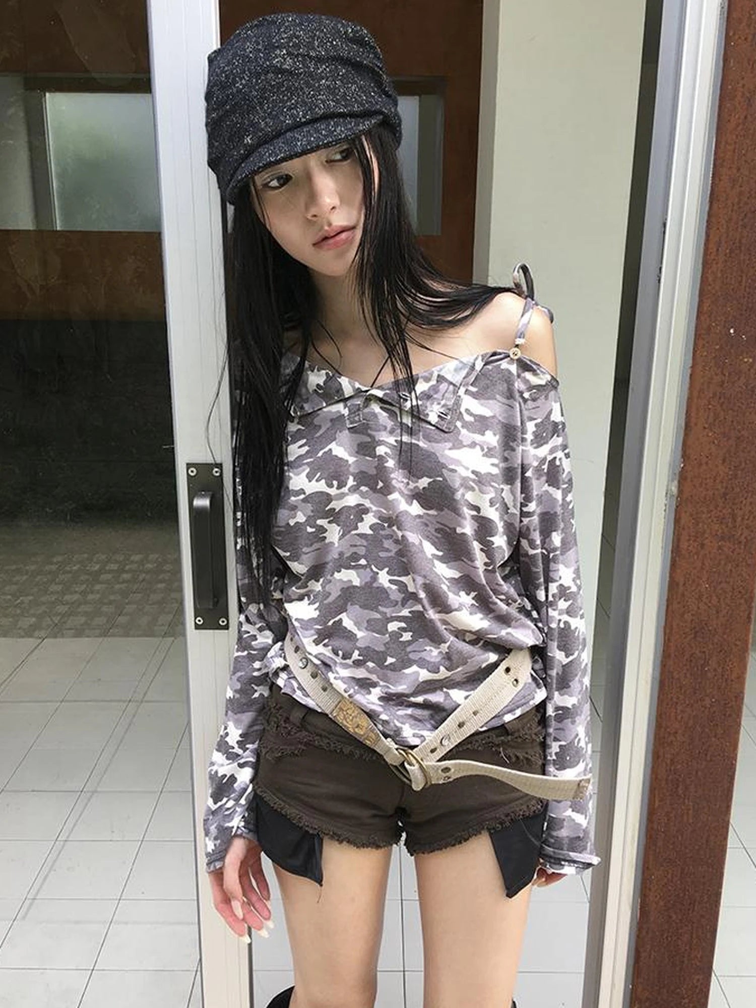 Distressed Camo Asymmetric Slit V Neck Long Sleeve T Shirt