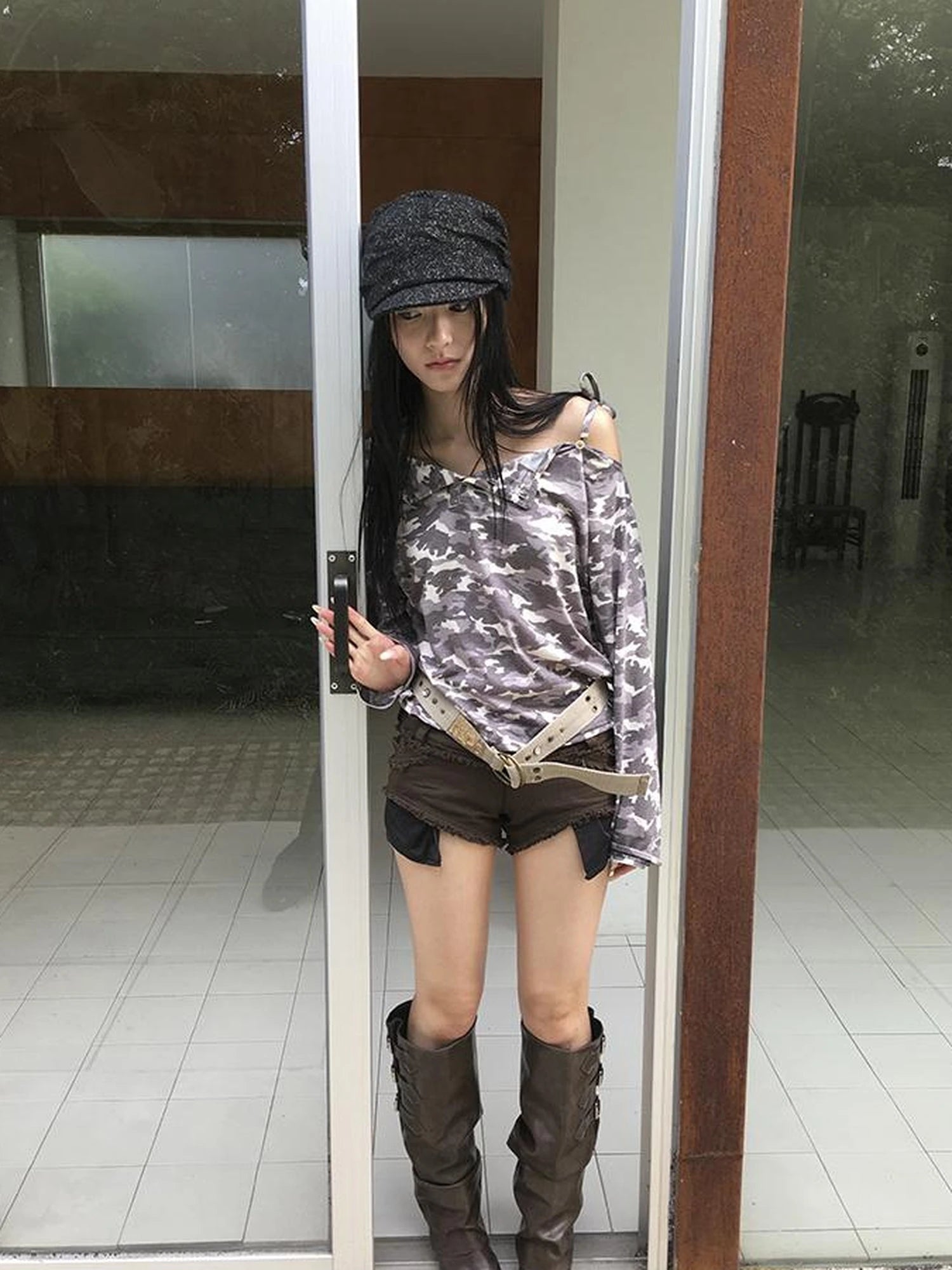 Distressed Camo Asymmetric Slit V Neck Long Sleeve T Shirt