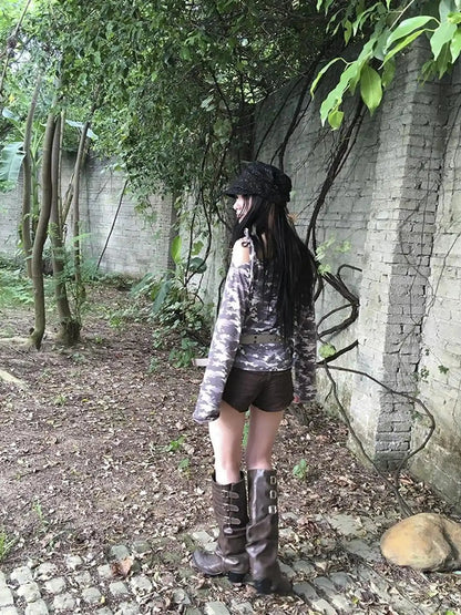 Distressed Camo Asymmetric Slit V Neck Long Sleeve T Shirt