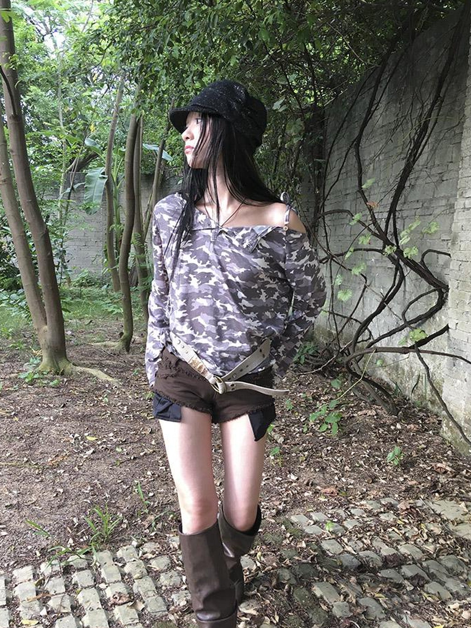 Updateang project Distressed Camo Asymmetric Slit V Neck Long Sleeve T Shirt