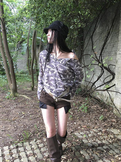 Updateang project Distressed Camo Asymmetric Slit V Neck Long Sleeve T Shirt