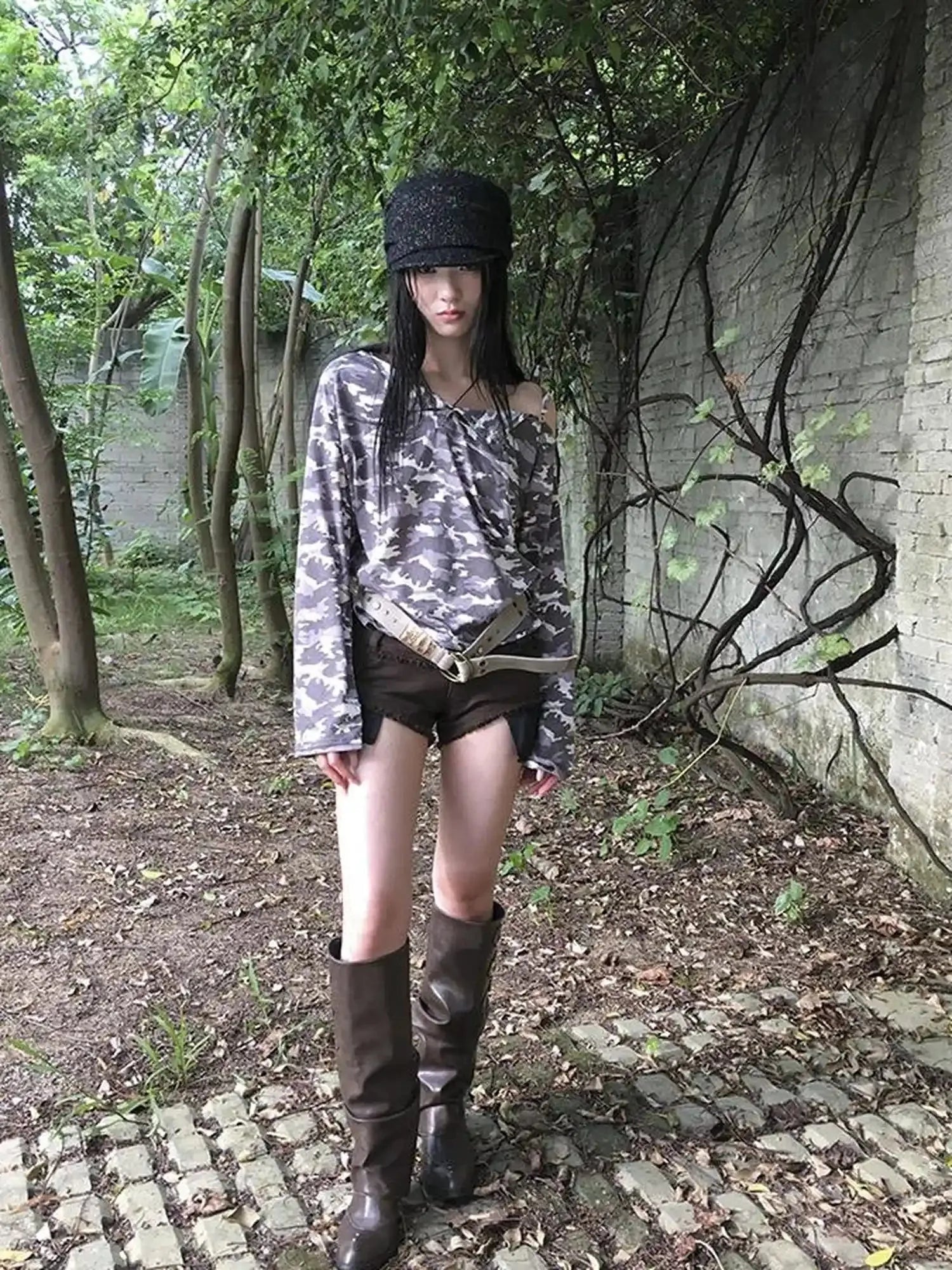 Distressed Camo Asymmetric Slit V Neck Long Sleeve T Shirt