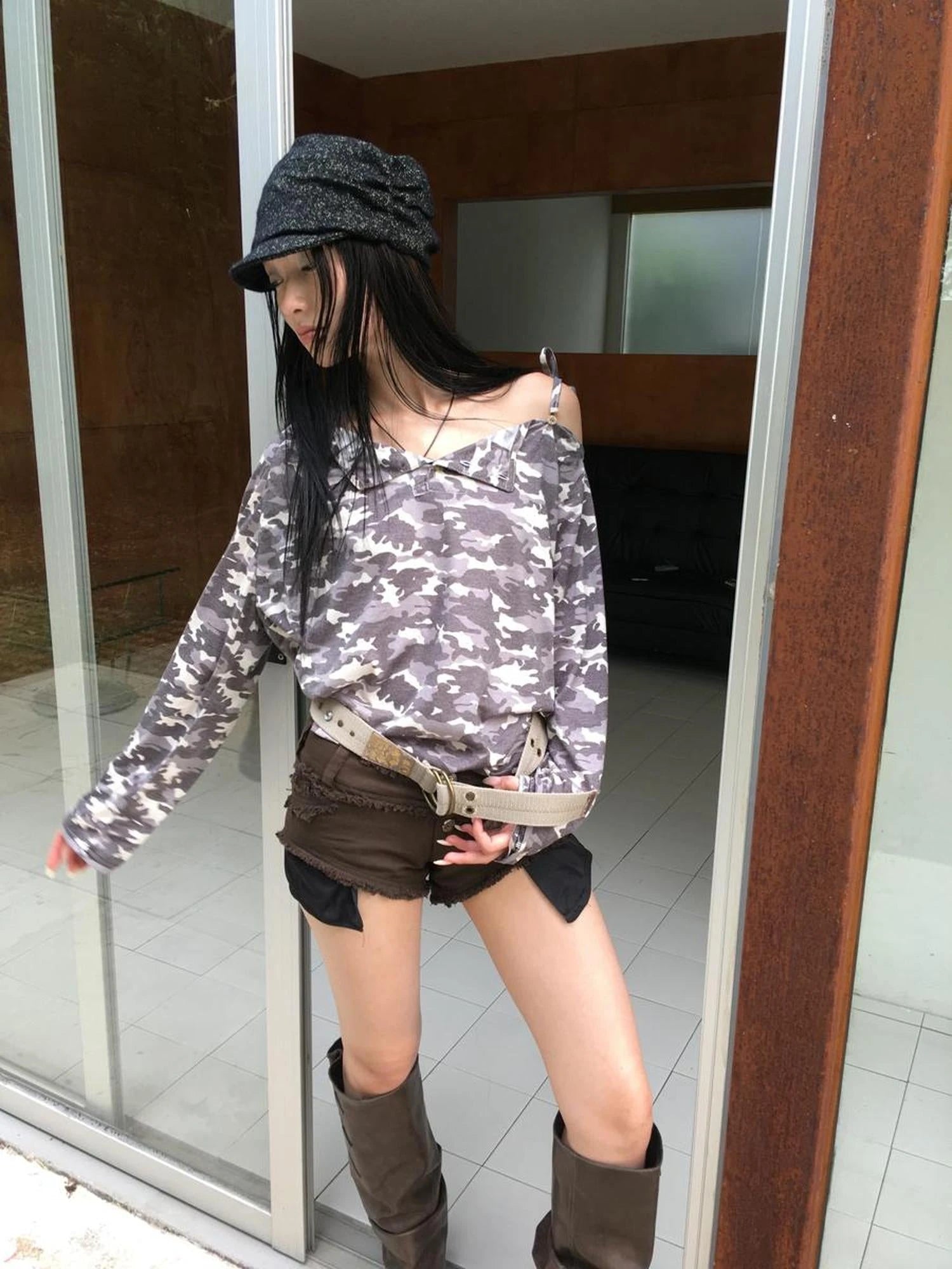 Distressed Camo Asymmetric Slit V Neck Long Sleeve T Shirt