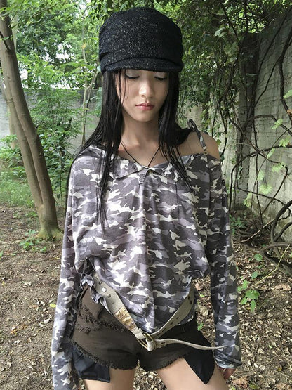 Updateang project Distressed Camo Asymmetric Slit V Neck Long Sleeve T Shirt
