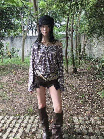 Updateang project Distressed Camo Asymmetric Slit V Neck Long Sleeve T Shirt