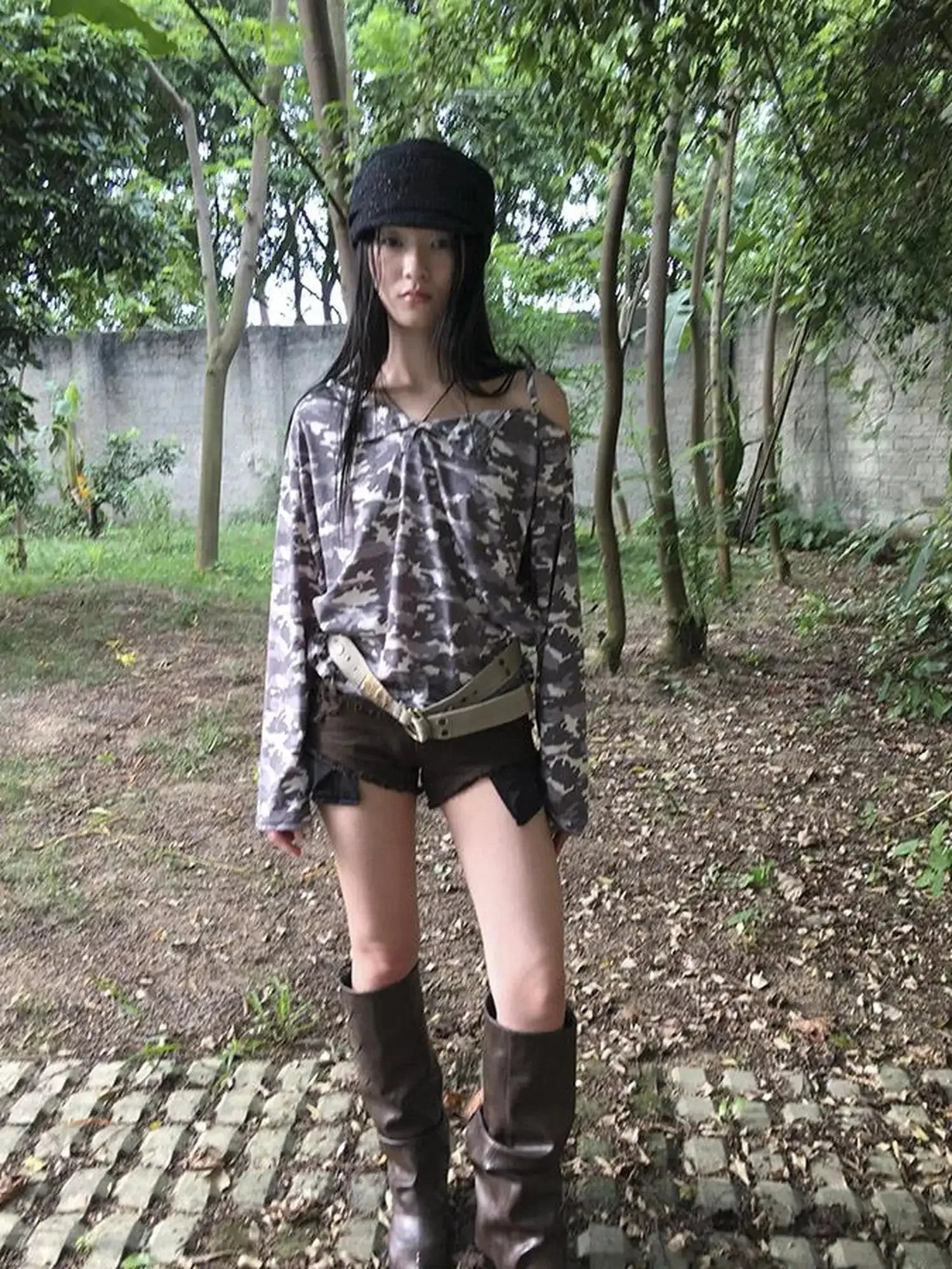 Distressed Camo Asymmetric Slit V Neck Long Sleeve T Shirt