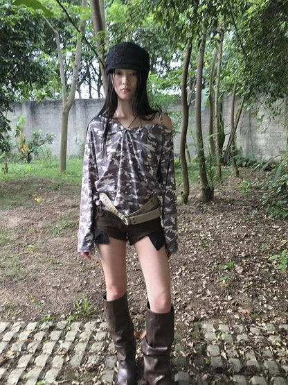 Distressed Camo Asymmetric Slit V Neck Long Sleeve T Shirt